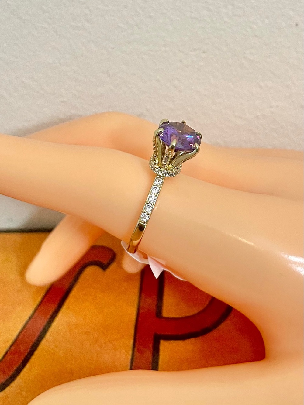 Purple Amethyst CZ Crown Style Gold Plated Ring Pave Accents Sz 8 NWT